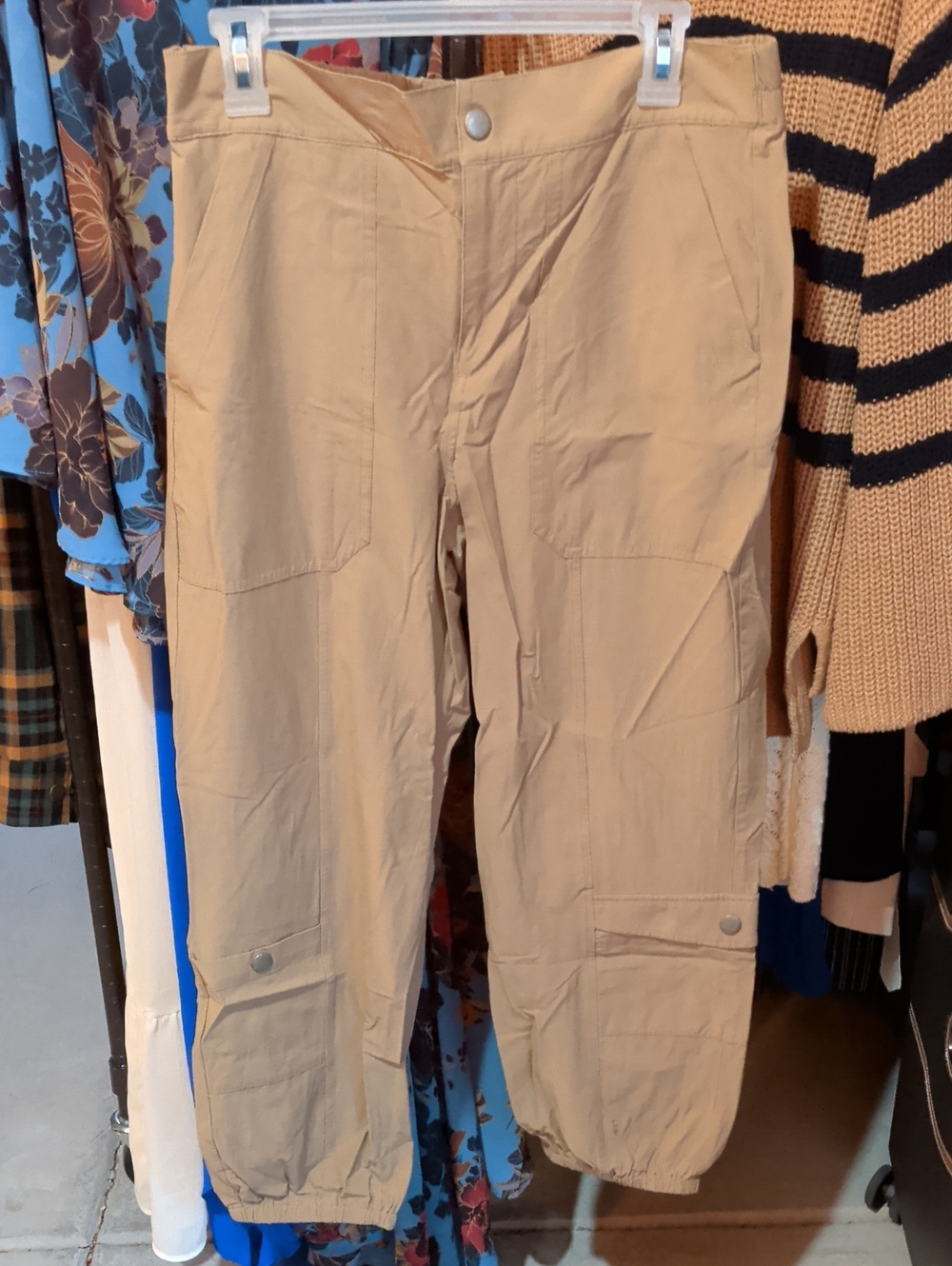 CAbi Women's Khaki Cargo Pants with Elastic Ankles